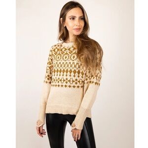 NSF Elsa Boyfriend Intarsia Distressed Knit Sweater L